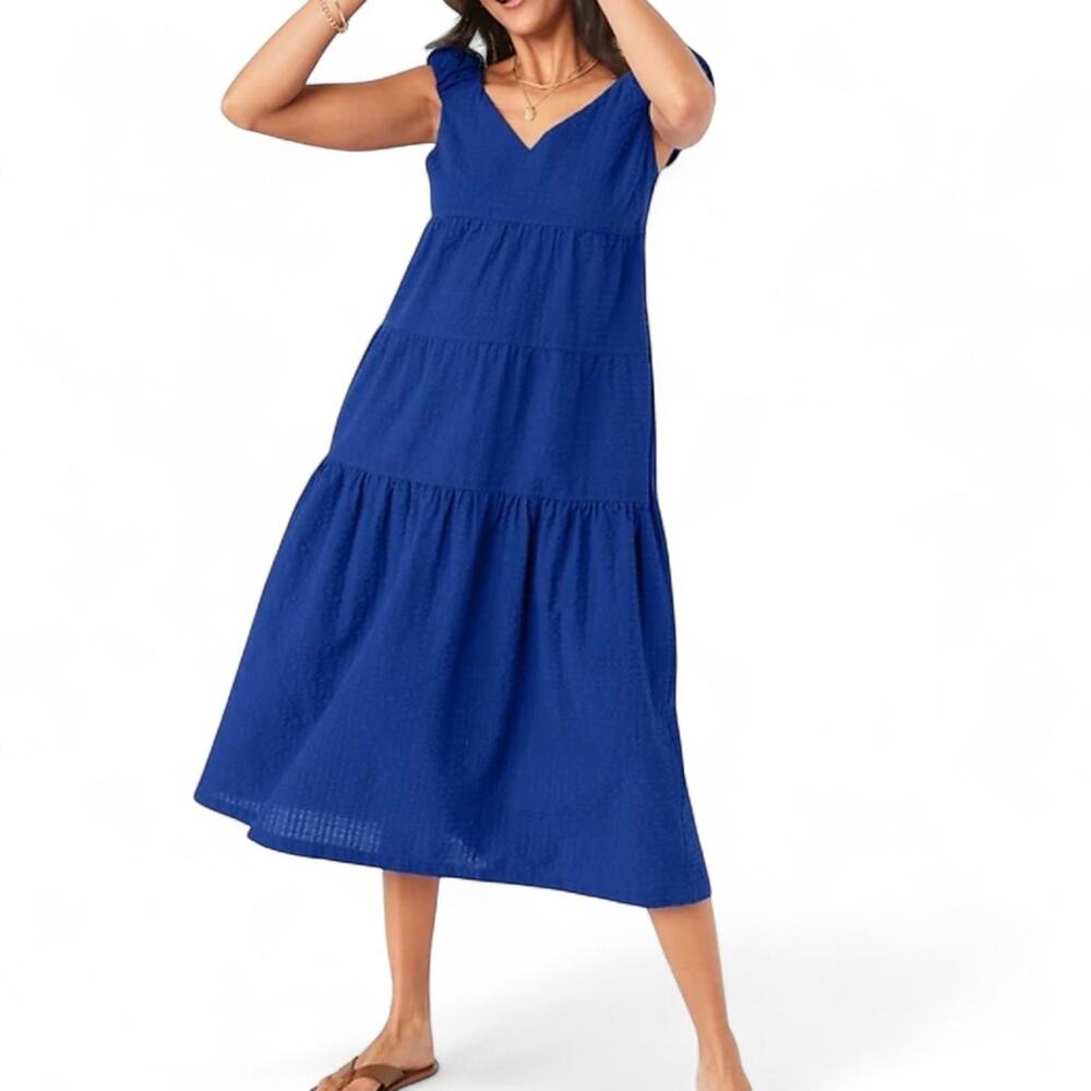 Old Navy Tiered Seersucker All Day Midi Dress M Medium Blue Tie Bow Back Pockets